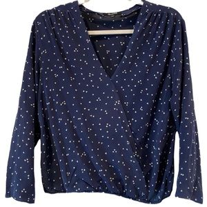 Madewell Navy Blue Heart Pattern Print V Neck Silk Blouse Medium